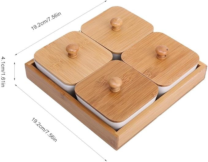 White Ceramic Snack Serving Plate with Tray Cover, BPAFree, Easy Care, Ideal for Fruits and Appetizers, Office Pantry (Four compartments with lid)
