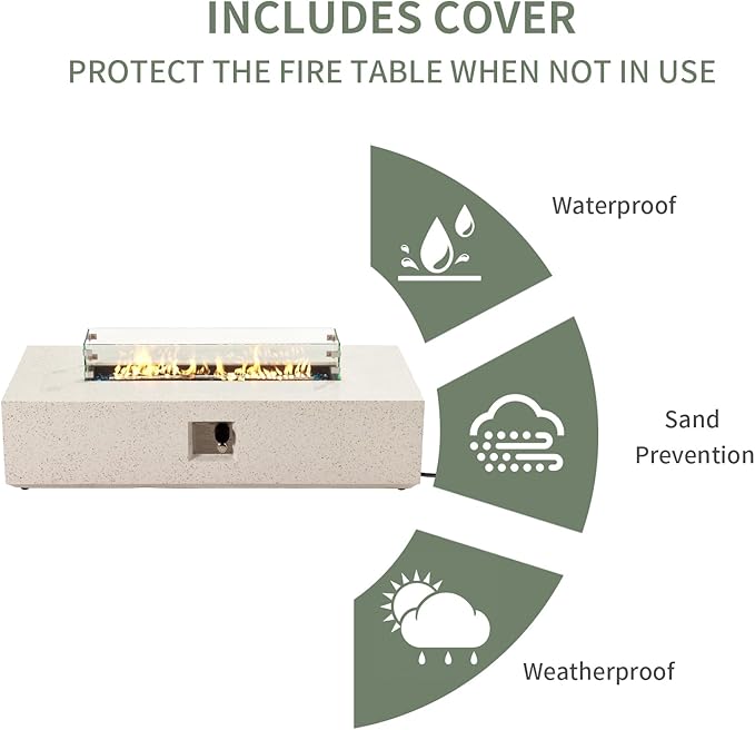 COSIEST Outdoor Propane Fire Pit Table, 56-inch x 28-inch Rectangle Terrazzo White Concrete-Like Finish, Certified, 50,000 BTU Stainless Steel Burner w Blue Fire Glass, Wind Guard, Raincover