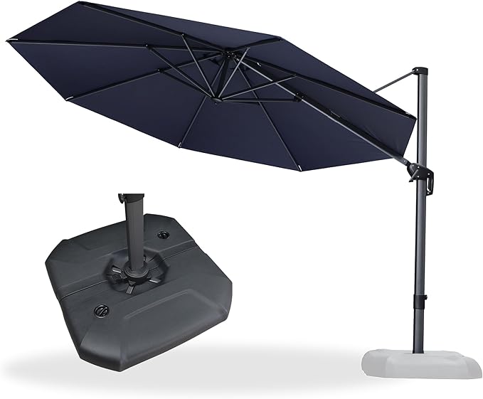 PURPLE LEAF 11 Feet Patio Round Cantilever Umbrella with Base Outdoor Aluminum Offset Umbrella with 360-degree Rotation for Pool Patio Garden Deck Navy Blue