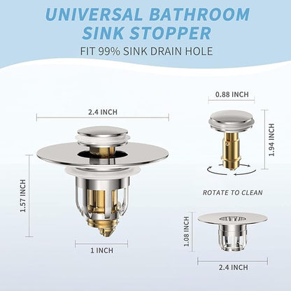 Universal 2 in 1 Bathroom Sink Stopper, Pop Up Bathroom Sink Drain Strainer