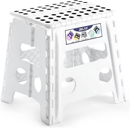Delxo 13" Folding Step Stool for Kids and Adults, Non-Slip Foldable Step Stools with Handle,Plastic Portable Folding Stool for Bathroom,Bedroom,Kitchen,Hold up to 300lbs White