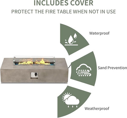 COSIEST Outdoor Propane Fire Pit Table, 56-inch x 28-inch Rectangle Gray Concrete-Like Finish, Certified, 50,000 BTU Stainless Steel Burner w Blue Fire Glass, Wind Guard, Raincover
