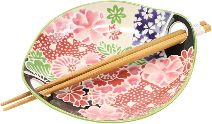 Ebros Pink Sakura Cherry Floral Blossoms Appetizer Snack Serving Coupe Plate Dish With Chopsticks And Built In Rest Set 7"L Small Flat Bowl For Hors D'oeuvres Sushi Ice Cream Serveware Plates (1)