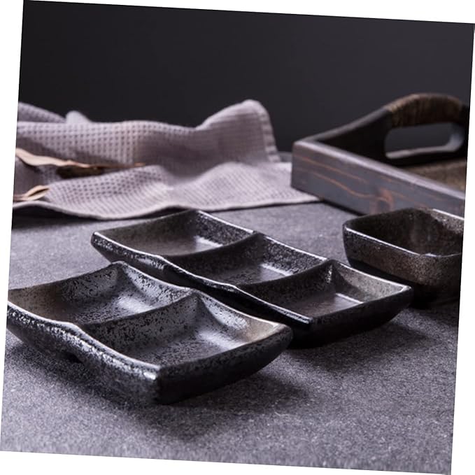 PRETYZOOM 2pcs Retro Square Ceramic Sauce Dishes Food Dipping Bowls 3 Grids Snack Plates for Appetizers and Seasoning for Home Use