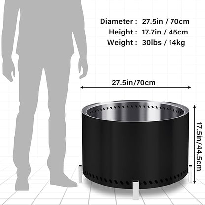 HGD 28" Smokeless Firepit with Stand, Stainless Steel Wood Burning Fire Pit for Friends & Family Gatherings, Secondary Combustion Outdoor Patio Stove for Garden BBQ & Bonfire (Black)