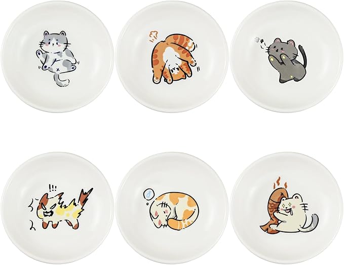 SOCOSY Super Cute Cartoon Animal Ceramic Sauce Dishes, Seasoning Dishes, Little Cat Dog Bird Feeding Bowls, Sushi Soy Dipping Bowls, Appetizer Plates, Dessert Plates, Set of 6-Cats-3.5 Inch