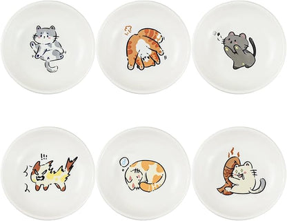 SOCOSY Super Cute Cartoon Animal Ceramic Sauce Dishes, Seasoning Dishes, Little Cat Dog Bird Feeding Bowls, Sushi Soy Dipping Bowls, Appetizer Plates, Dessert Plates, Set of 6-Cats-3.5 Inch
