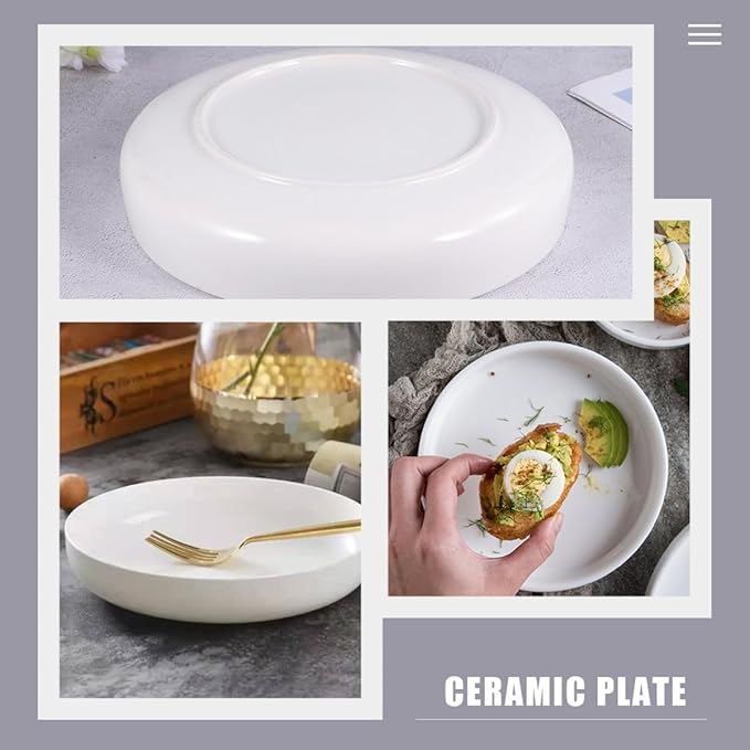 ARTIBETTER Ceramic Shallow Food Serving Plate 21cm Bright White Steamed Food and Pasta Storage Dish for Western Cuisine Breakfast and Appetizers