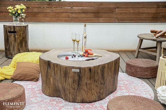 Elementi | Bundle Manchester Gas Fire Pit Cast Concrete Semi-Round Fire Table, Outdoor Fire Pit Electronic Ignition | Canvas Cover, Lava Rock Included | Red Wood | Natural Gas