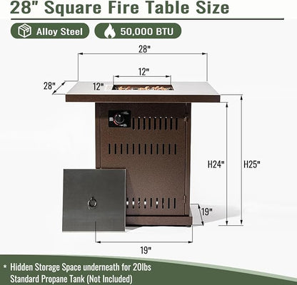 28" Propane Gas Fire Pit Table, 50000 BTU Imitation Wood Grain Finish Square Fire Pit with Lid & Volcanic Stones 2 in 1 Fire Pit Table Rock for Outside Patio Deck Garden Courtyard