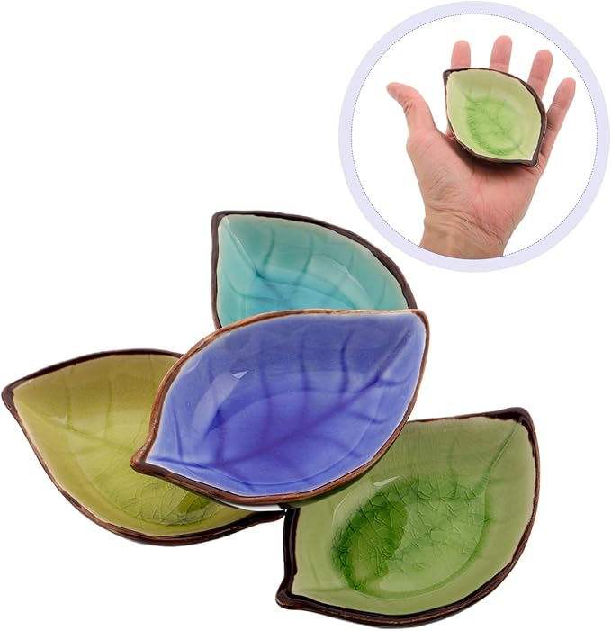 4pcs Leaf Shape Ceramic Appetizer Plates Multi-purpose Porcelain Dishes for Dipping Sauce Snacks Desserts Sophisticated Crackle Glaze Dinnerware Yellow Lake Blue Green