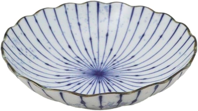 Ebros Gift Artistic Blue Waves Fubuki Tokusa Made In Japan Dinnerware Serveware Kitchenware Set Asian Japanese Restaurant Supply (Pack Of 6 Round Flair Deep Plates Shallow Bowls 15oz)