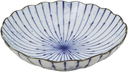 Ebros Gift Artistic Blue Waves Fubuki Tokusa Made In Japan Dinnerware Serveware Kitchenware Set Asian Japanese Restaurant Supply (Pack Of 6 Round Flair Deep Plates Shallow Bowls 15oz)