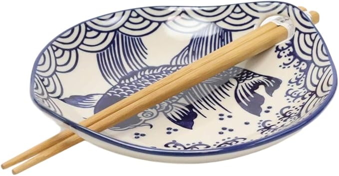 Ebros Blue And White Koi Fish Feng Shui Appetizer Snack Serving Coupe Plate Dish With Chopsticks And Built In Rest Set Small Flat Bowl For Hors D'oeuvres Sushi Ice Cream Serveware Plates (1)