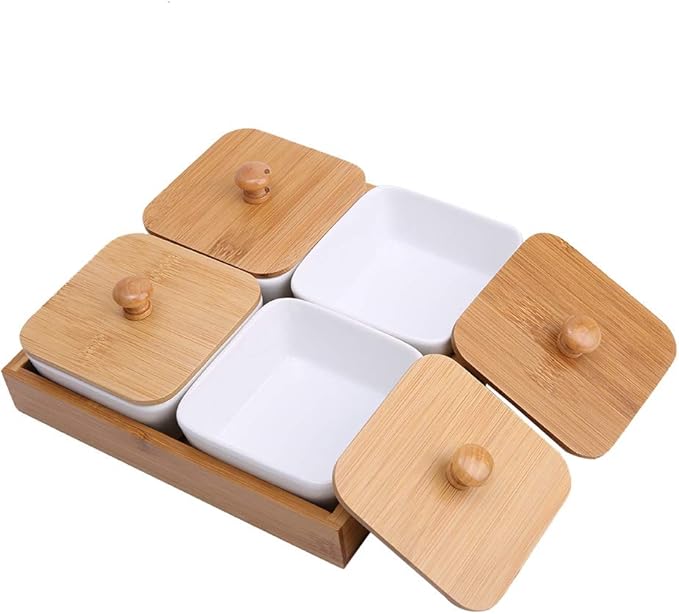 White Ceramic Snack Serving Plate with Tray Cover, BPAFree, Easy Care, Ideal for Fruits and Appetizers, Office Pantry (Four compartments with lid)