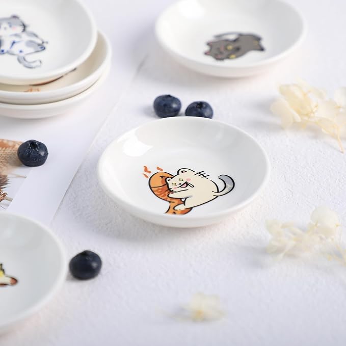 SOCOSY Super Cute Cartoon Animal Ceramic Sauce Dishes, Seasoning Dishes, Little Cat Dog Bird Feeding Bowls, Sushi Soy Dipping Bowls, Appetizer Plates, Dessert Plates, Set of 6-Cats-3.5 Inch
