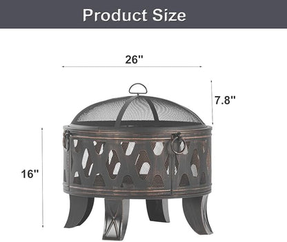 Breezz 26 Inch Wood Burning Fire Pit with Cooking Grill and Spark Screen, Outdoor Metal Round Firepit for Patio, Backyard, Bonfire Party, Camping and Garden