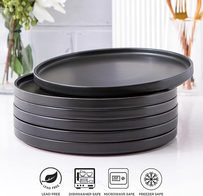 AmorArc Stoneware Dinner Plates Set of 6, 10.5 Inch Reactive Matte Glaze Ceramic Plates Set, Modern Dinnerware Dish set for Kitchen,Microwave, Dishwasher Safe, Scratch Resistant - Matte Black