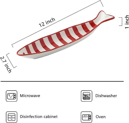Ceramic Fish Shaped Serving Dish, Red and White Striped Pattern, Appetizer Snack Plate, Microwave Dishwasher Safe, 12x7 Inch (Red Stripes)