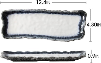 Uaral Japanese Sushi Plates Stoneware Sushi Plate Set Sushi Dish Set Sashimi Plates Rectangular Plate 12.5inch Set of 4, (Blue and White)