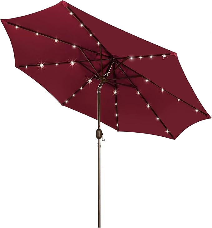 Blissun 9 ft Solar Umbrella, 32 LED Lighted Patio Umbrella, Table Market Umbrella, Outdoor Umbrella for Garden, Deck, Backyard, Pool and Beach (Burgundy)