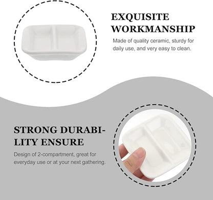 Cabilock 2Pcs 3inch White Ceramic Appetizer Plates, 2-Compartment Serving Platter Tray, Soy Dipping Sauce Dishes, Rectangular Divided Dish for Home Hotel Restaurant Kitchen