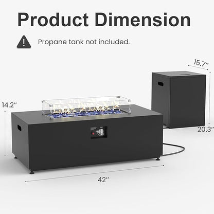 Aeeiua 42" Propane Fire Pit Table Set with Tank Holder, Rectangle 2-Piece Outdoor Firepit Wind Guard, Lid, Glass Stones and Cover
