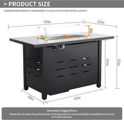 Propane Fire Pit 43 Inch Outdoor Fire Pit 50000 BTU Rectangle Gas Fire Table with Steel Lid, Blue Crystal Beads, Glass Wind Guard and Waterproof Cover for Outside Patio and Garden