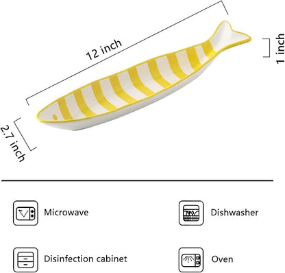 Ceramic Fish Shaped Serving Dish, Red and White Striped Pattern, Appetizer Snack Plate, Microwave Dishwasher Safe, 12x7 Inch (Yellow Stripes)