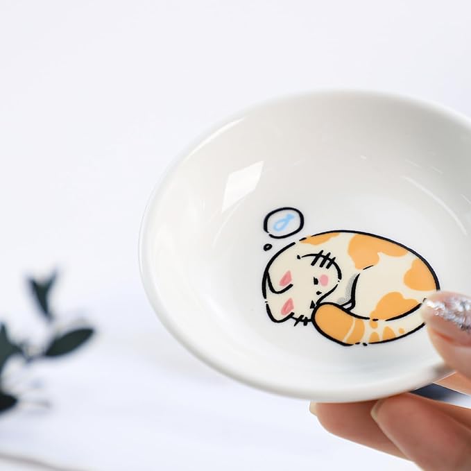 SOCOSY Super Cute Cartoon Animal Ceramic Sauce Dishes, Seasoning Dishes, Little Cat Dog Bird Feeding Bowls, Sushi Soy Dipping Bowls, Appetizer Plates, Dessert Plates, Set of 6-Cats-3.5 Inch