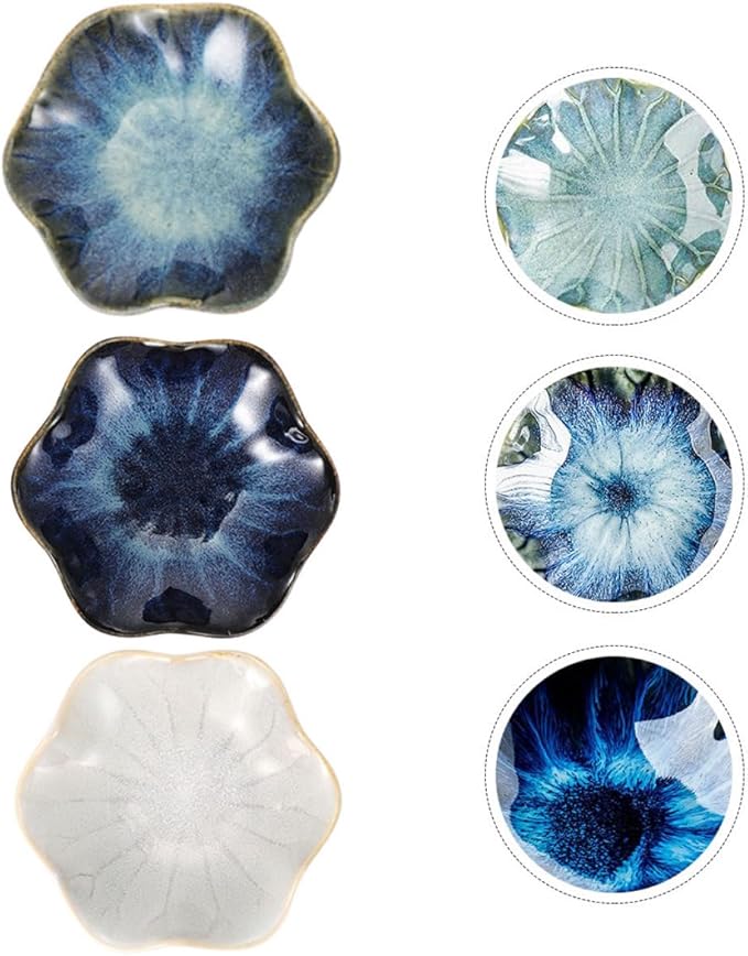 BESPORTBLE 3pcs Ceramic Sauce Dish Set with Blue Gradient, Natural Rice, and Vintage Floral Pattern – Small Appetizer Plates for Kitchen Dining and Serving Random Color