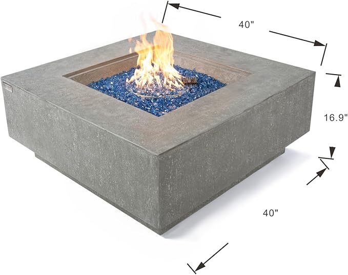 Elementi+ | Victoria Gas Fire Pit Cast Concrete 40" Square Fire Table, Outdoor Fire Pit Electronic Ignition | Canvas Cover, Fire Glass and Burner Lid Included | Light Gray | Natural Gas