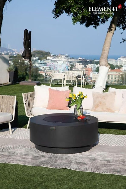 Elementi+ | Bundle Nimes Gas Fire Pit Cast Concrete 40" Dia. Round Fire Table, Outdoor Fire Pit Electronic Ignition | Canvas Cover, Fire Glass and Burner Lid Included | Dark Gray | Propane Gas