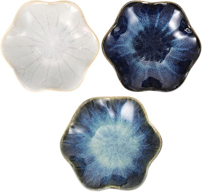 3pcs Ceramic Seasoning Sauce Dishes Set, Small Lotus Leaf Shape Appetizer Plates, Gradient Blue, Original Straw, Vintage White Porcelain for Kitchen and Dining Random Color