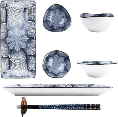 Artcome 10 Pcs Japanese Style Ceramic Sushi Plate Dinnerware Set for Wedding Housewarming - 2 Sushi Plates, 2 Sauce Dishes, 2 Snack Bowl, 2 Pairs of Chopsticks, 2 Chopsticks Holders, Dark Blue