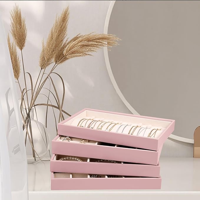 LANDICI Stackable Jewelry Organizer Trays 4 Set, PU Leather Jewelry Organizer