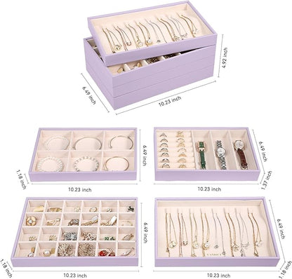 LANDICI Stackable Jewelry Organizer Trays 4 Set, PU Leather Jewelry Organizer