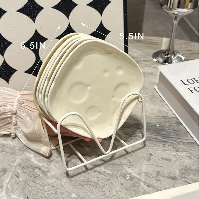 Cheese-Themed Ceramic 5.5in Small Appetizer Plates Set with Hoder,Square Plates for Dessert,Saucer,Microwave&Dishwasher Safe (part white,part yellow)