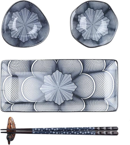 Artcome 10 Pcs Japanese Style Ceramic Sushi Plate Dinnerware Set for Wedding Housewarming - 2 Sushi Plates, 2 Sauce Dishes, 2 Snack Bowl, 2 Pairs of Chopsticks, 2 Chopsticks Holders, Dark Blue