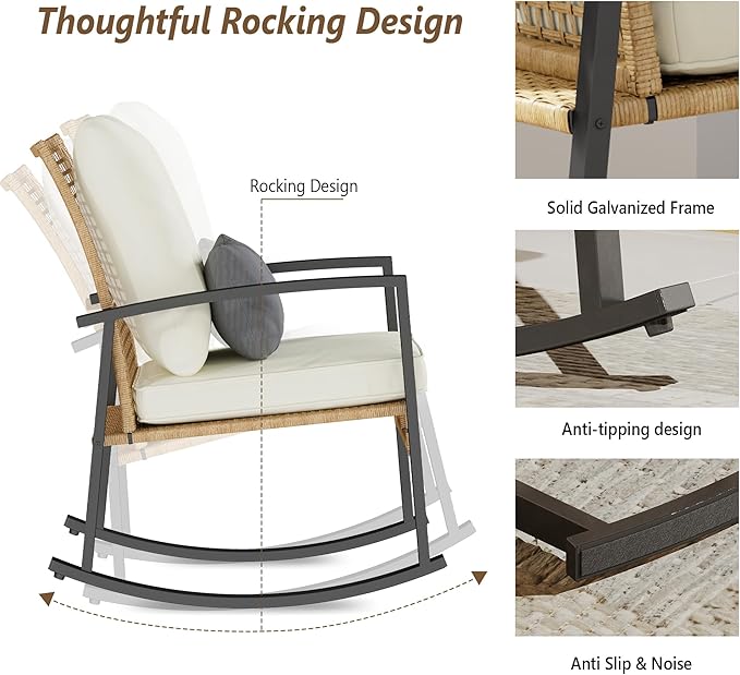3 Piece Patio Rocking Chairs Set of 2, Outdoor Rocking Chair Bistro Set with Tempered Glass Coffee Table and Thick Lumbar Pillow Set, Front Porch Chairs for Garden, Backyard, Poolside (Beige)