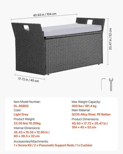 VEVOR Outdoor Storage Bench, 2-Person PE Rattan Storage Bench, 40 Gal Deck Box with Cushion & Side Handle, Supports up to 400 lbs, Weatherproof Outdoor Seating & Porch Decor for Patio Garden Balcony