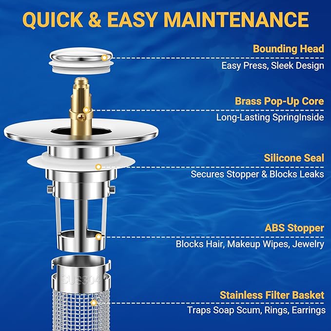 Bathroom Sink Drain Strainer, Pop-Up Bathroom Sink Stopper