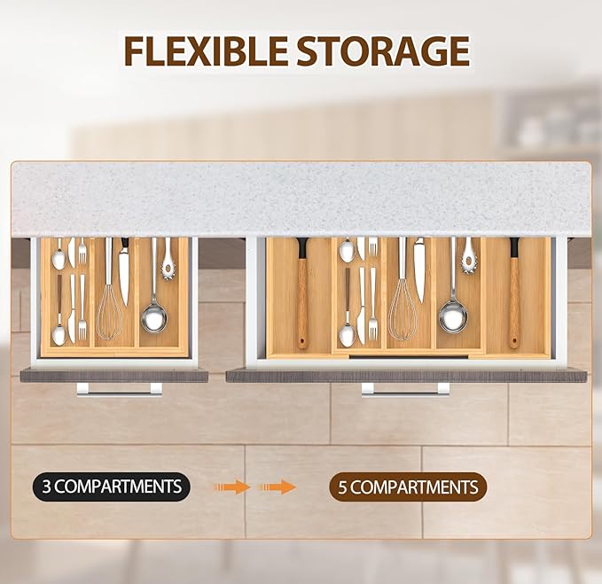 Bamboo Expandable Kitchen Drawer Organizer, 3-5 Slots Drawer Organizer
