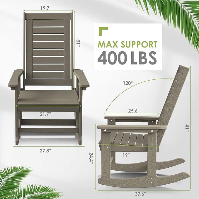GREENVINES Outdoor Rocking Chairs | Set of 2 | Porch Rocker | HDPE Plastic | Wood Grain | Oversized Rockers | High Back | Big & Tall | Ladder Back | Desert Brown | for Patio Outside