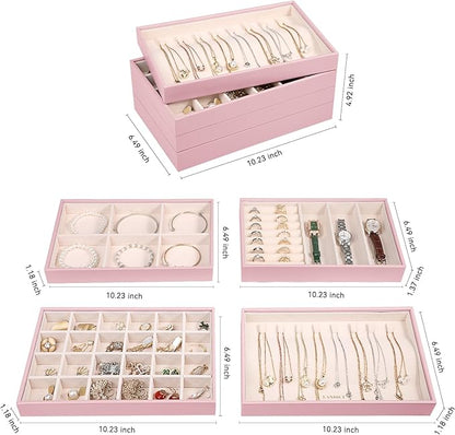 LANDICI Stackable Jewelry Organizer Trays 4 Set, PU Leather Jewelry Organizer
