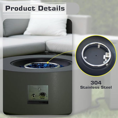 2-Piece 30" LED Round Propane Fire Pit for Outside Patio with Hidden Tank Table, 50,000 BTU Fireplaces with Lid, Glass Rocks, Cover(Dark Grey w/Golden Light)