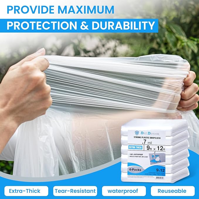 Dirt Defence Plastic Drop Cloth, 9x12 Ft Plastic Sheeting