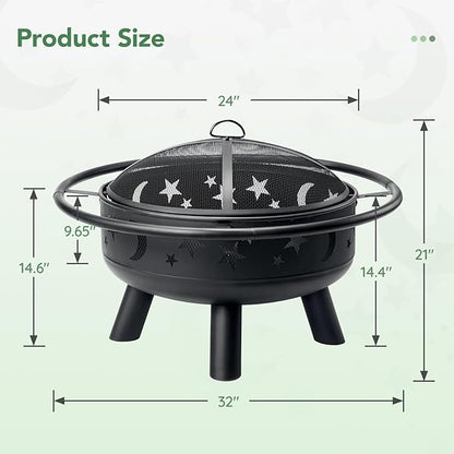 32 Inch Round Fire Pit with Mesh Cover, Fire Poker, Star and Moon Design, Metal Wood Burning Outdoor Firepit for Patio, Backyard, Garden, Bonfire Party,Perfect for Christmas, Thanksgiving, Halloween