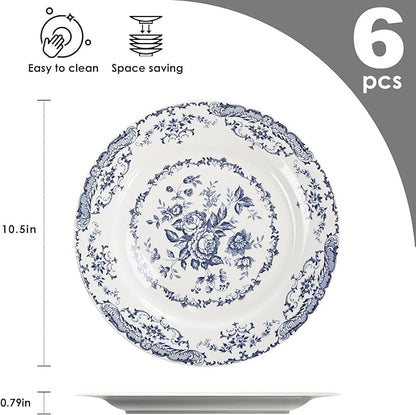 Dinner Plates, Ceramic Plates Set of 6, Kitchen Plates Microwave Safe, White Plate Dessert Blue Floral Plate Porcelain (Blue Rose, 10.5 inch)