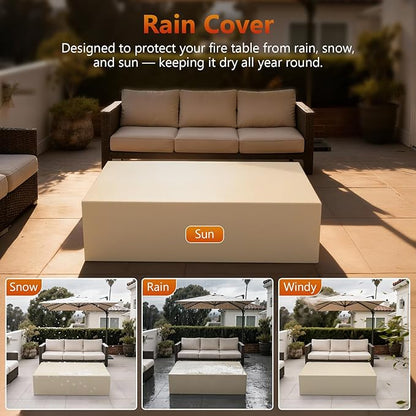 2-Piece 42" Rectangular Propane Fire Pit for Outside Patio with Hidden Tank Table, 50,000 BTU Fireplaces with Glass Wind Guard, Lid, Glass Rocks, Cover(Walnut Wood Grain)
